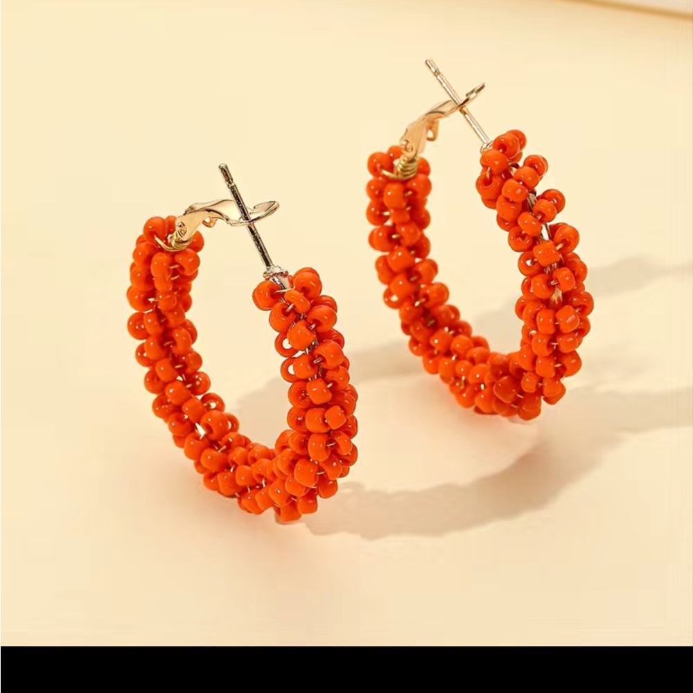 14k gold plated ethnic style rice beads rose red hoop earrings